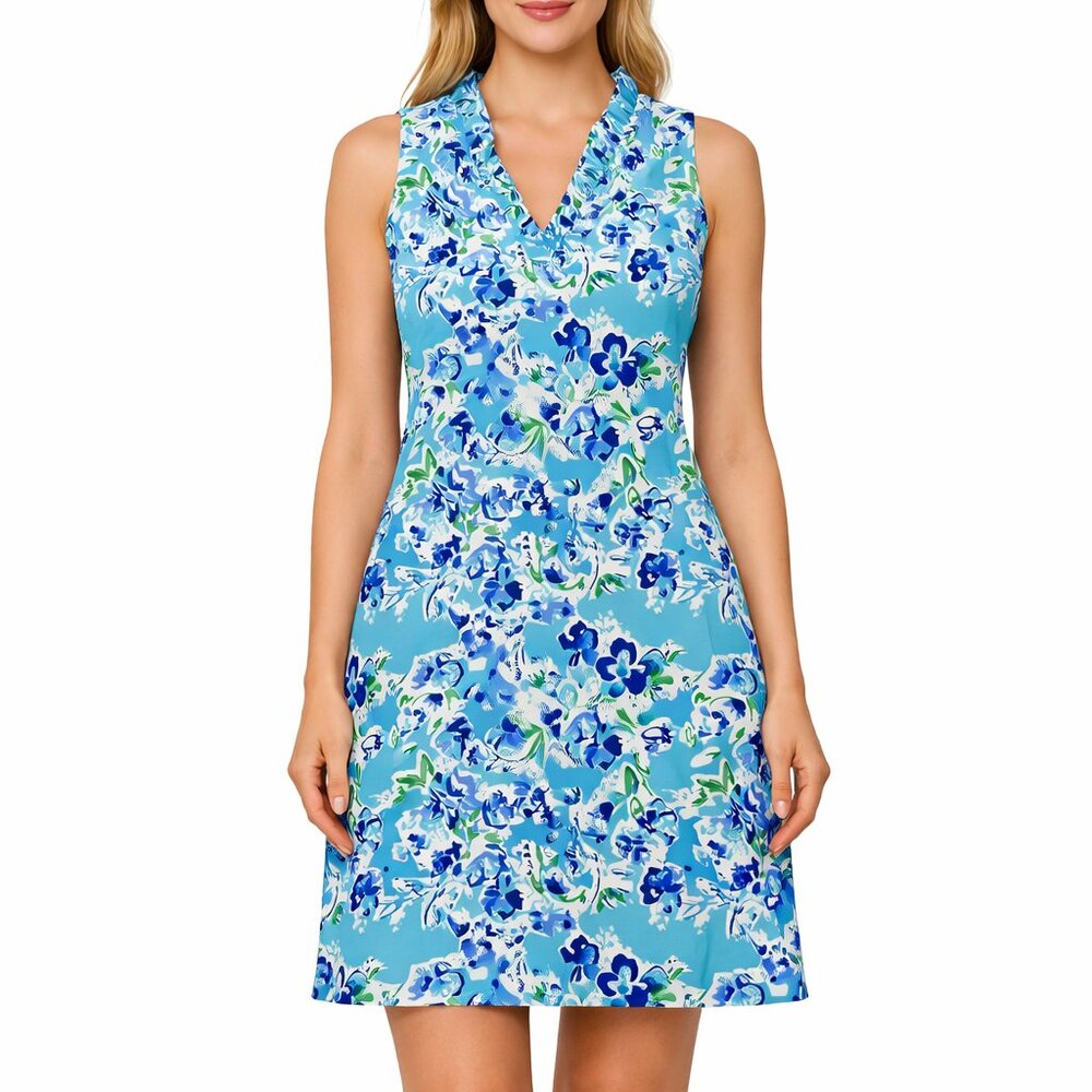 Rezobay Cotton Spandex Ruffle Neck Floral Dress S